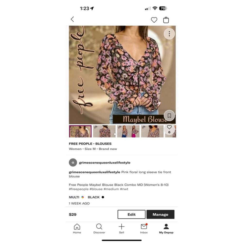 Women's Free People Floral Blouse Size M Black Multi